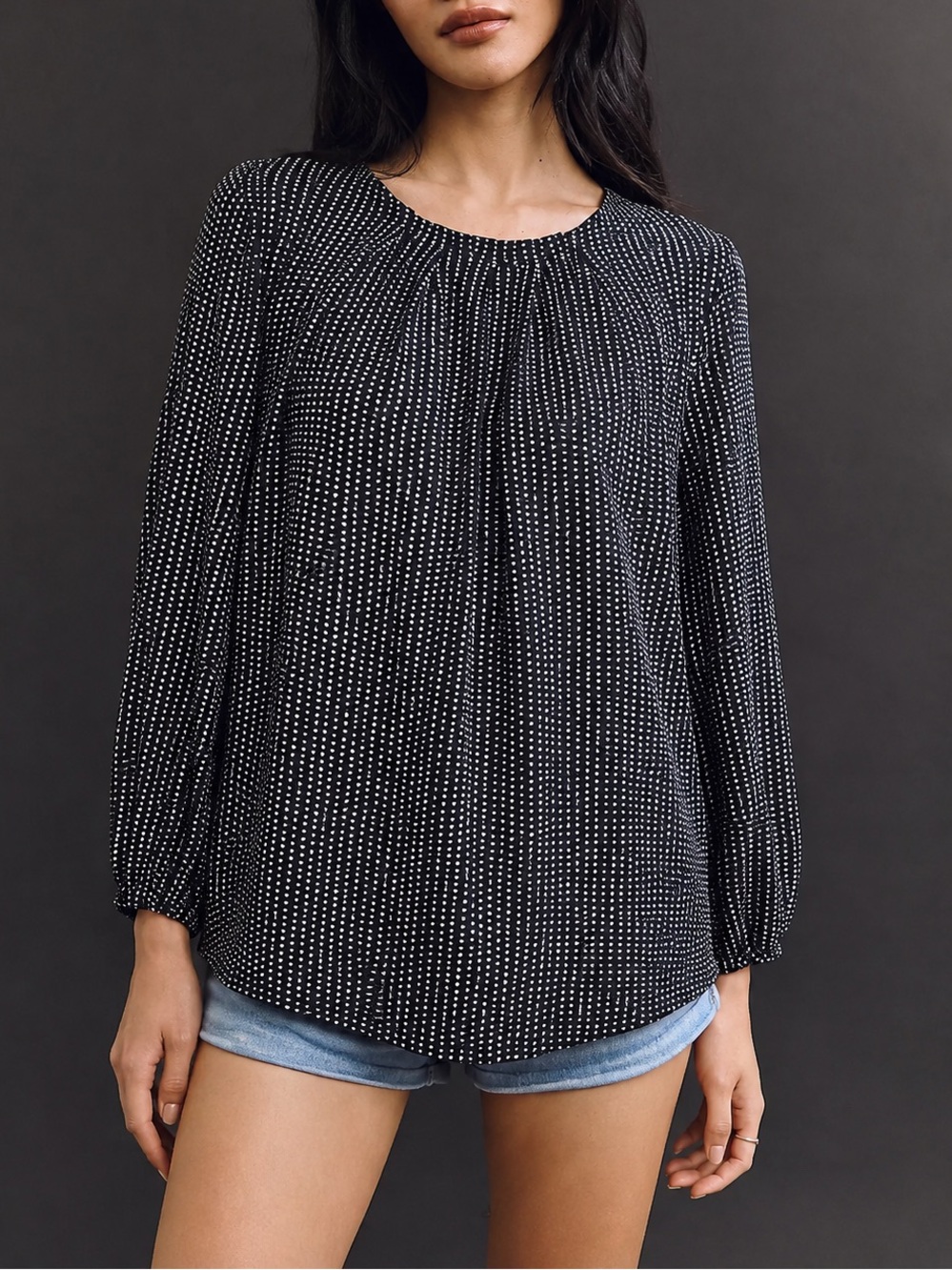 Adrianna Papell Longsleeve Georgette Pleated Roundneck Polkadot Blouse Size S